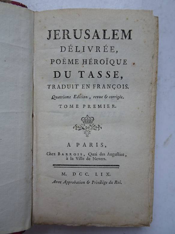 Tasse. - Jerusalem dlivre pome hroque du Tasse, traduit en franois (2 vols.).