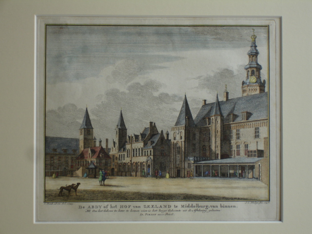 Middelburg. - De Abdy of het Hof van Zeeland te Middelburg, van binnen. Nb. Om het Gebouw te beter te konnen zien is het hooge Geboomte uit de Aftekening gelaaten. 