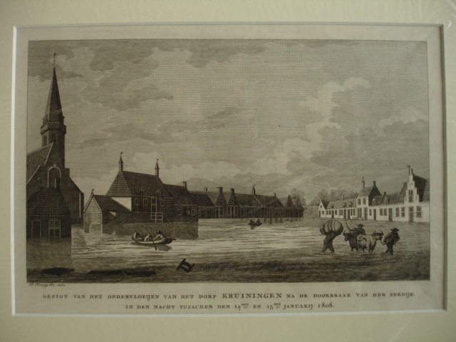 Kruiningen. - Gezigt van het ondervloeijen van het dorp Kruiningen na de doorbraak van den zeedijk in den nacht tusschen den 14den en 15den januarij 1808.