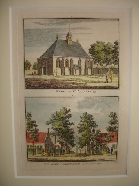 Nieuw- en Sint Joosland. - De Kerk van St. Laurens 1743 - Het Dorp 't Nieuwland op St. Joosland 1745.
