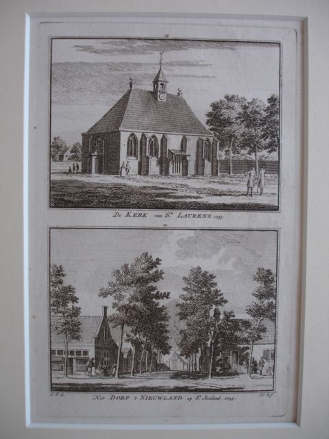 Sint Laurens. - De Kerk van St. Laurens 1743 - Het Dorp 't Nieuwland op St. Joosland 1745.