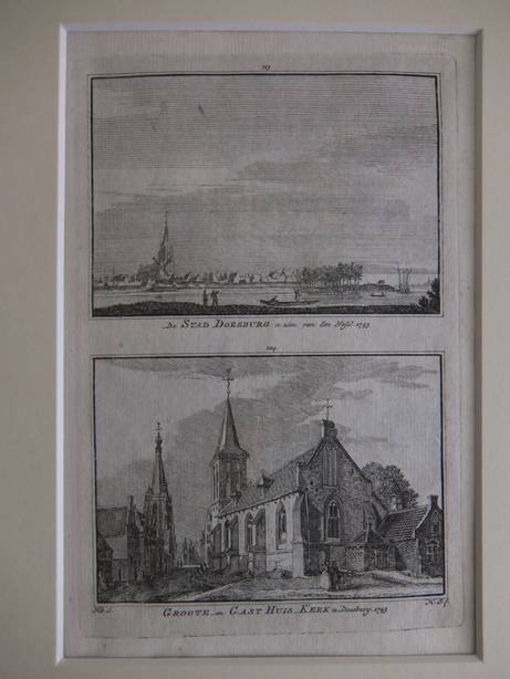 Doesburg. - De Stad Doesburg te zien van den IJssel, 1743/ Groote- en Gast Huis-Kerk te Doesburg, 1743.