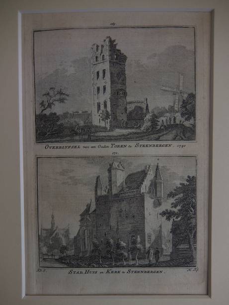 Steenbergen. - Overblyfsel van een Ouden Toren te Steenbergen, 1740/ Stad-Huis en Kerk te Steenbergen.