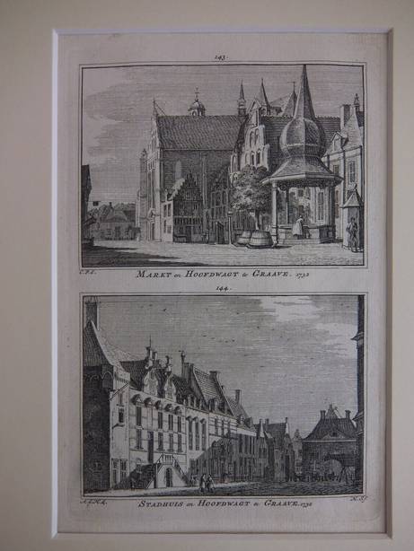 Grave. - Markt en Hoofdwagt te Graave, 1732/ Stadhuis en Hoofdwagt te Graave, 1732.