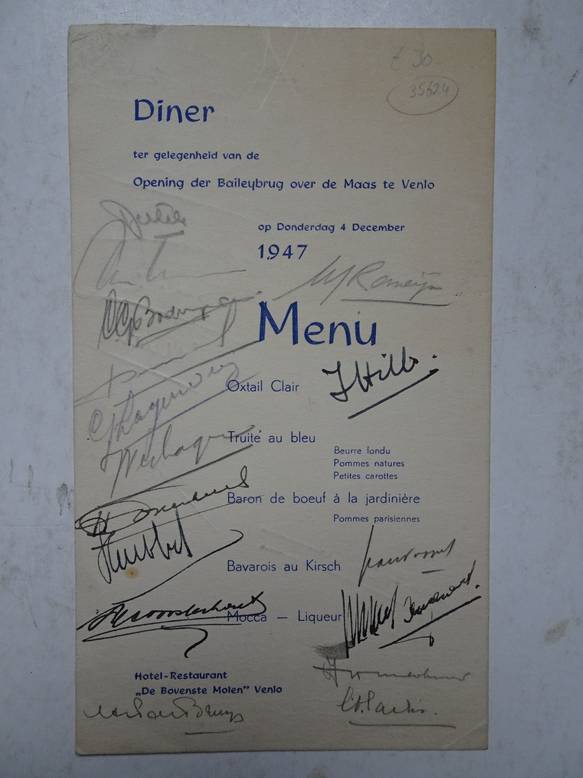 N.n.. - Menukaart. Diner ter gelegenheid van de opening der Baileybrug te Venlo op donderdag 4 december 1947. 